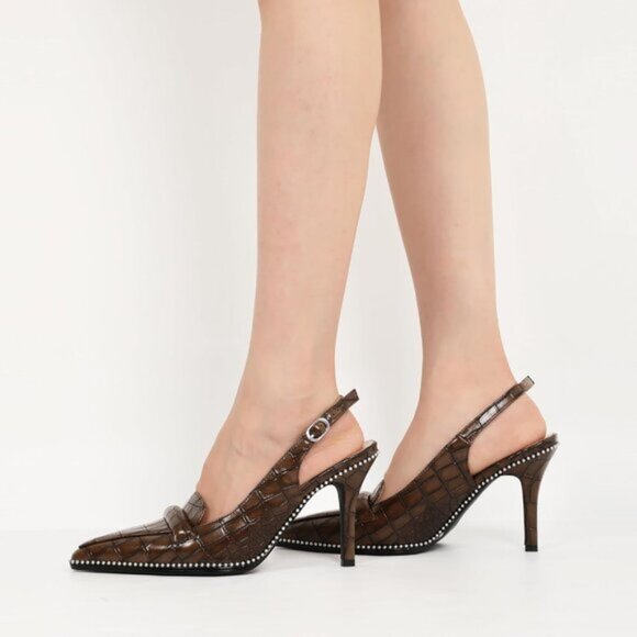 Women Crocodile Brown Stiletto Beaded Pointed Toe Slip On Loafers Slingback Heel - Picture 4 of 7